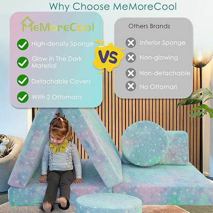 MeMoreCool Modular Glow Sofa for Kids, Colorful Star 8-Piece Convertible Foam Toddler Couch Play Set for Playroom and Children
