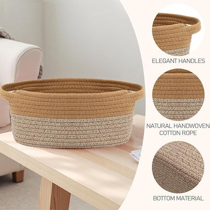 JMvicyroam Woven Basket,Small Rope Storage Bin with Handles & Ribbon Bag, Organizer for Shelves Closets,Gift Basket Empty for Birthday,Books,Dog Toys, Jute&Brown