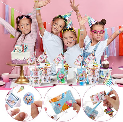 Colarr 161 Pcs Ice Cream Party Favors School Stationery Set Includes Gift Cup Notebook Pencil Sharpener Eraser Keychain Stamp Slap Bracelet Sticker Card Valentine's Day gift for Child Supplies