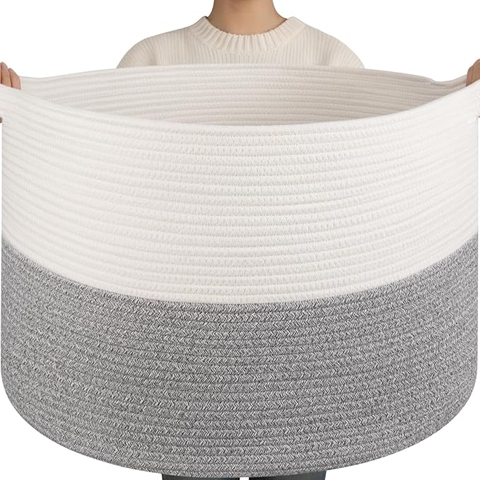 OIAHOMY 115L Extra Large Blanket Basket, 23.6" x 15.4" Woven Cotton Rope Laundry Basket for Organizing Pillows, Decorative Stuffed Animal Toy Storage Bin for Nursery, White and Light Grey