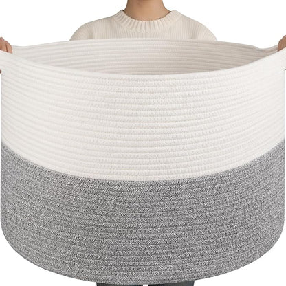 OIAHOMY 115L Extra Large Blanket Basket, 23.6" x 15.4" Woven Cotton Rope Laundry Basket for Organizing Pillows, Decorative Stuffed Animal Toy Storage Bin for Nursery, White and Light Grey