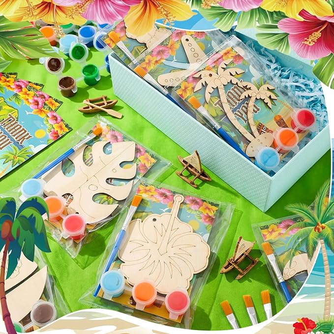Saypacck 24 Pcs Summer Hawaiian Party Favors Wooden Craft Kits Hawaiian Tropical Ocean Theme Painting Wooden with Bag Color Your Own Palm Leaf Flower Luau Birthday Supplies