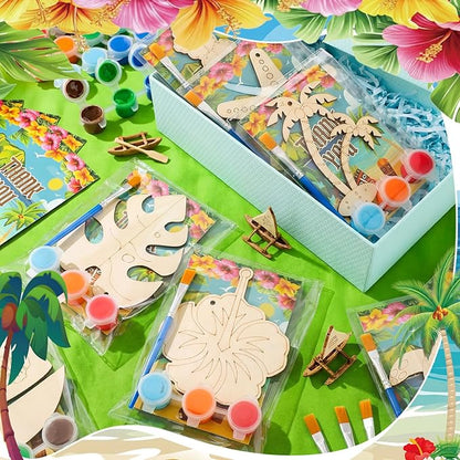 Saypacck 24 Pcs Summer Hawaiian Party Favors Wooden Craft Kits Hawaiian Tropical Ocean Theme Painting Wooden with Bag Color Your Own Palm Leaf Flower Luau Birthday Supplies