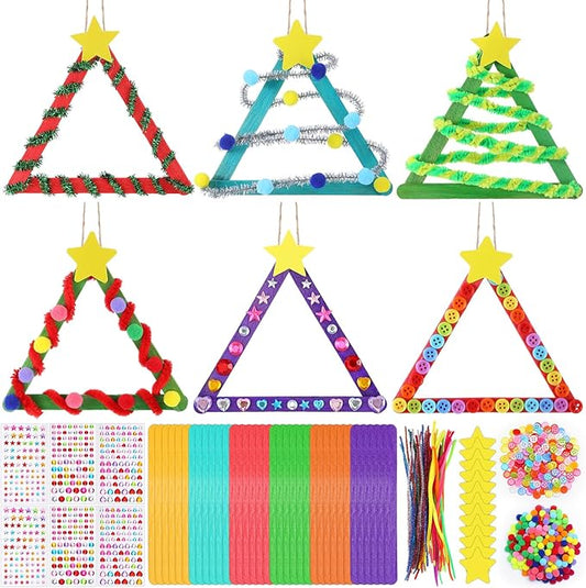 30 Sets Christmas Craft Kits for Kids DIY Stick Christmas Tree Ornaments Decoration Craft Stick Hairball Button Christmas Tree Sticker for Kids Holiday Classroom Activities Party Favors
