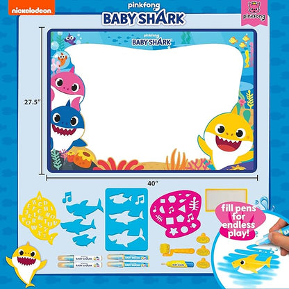 Baby Shark Water Drawing Mat by Horizon Group USA, Includes Reusable 40-Inch Water Drawing Mat, Refillable Water Brush & Pens, Stencils, Mess-Free Water Art for Toddlers, Age 3+