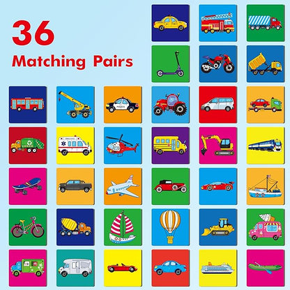 Vehicle Matching Game, 72 PCS Traffic Memory Matching Cards for Toddlers 36 Pairs Transportation Memory Cards Educational Toys for Preschool Boys & Girls 4 5 6 Years Old