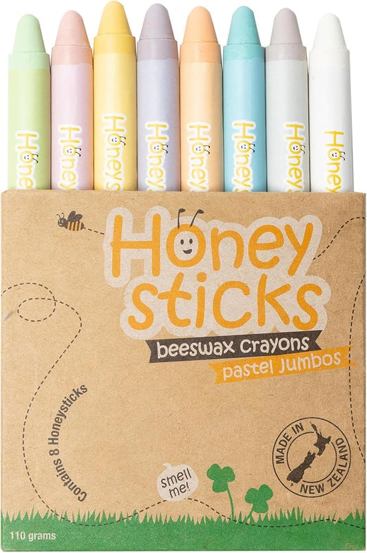 Honeysticks Jumbo Crayons (8 Pack) - Pastel Colors - Non Toxic Crayons for Kids - 100% Pure Beeswax, Food Grade Colors - Large Crayons, Easy to Hold and Use - Sustainably Made in New Zealand