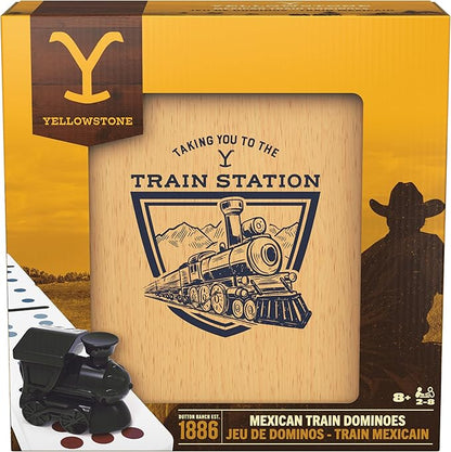 Spin Master Games, Yellowstone Mexican Train Dominoes Set, Classic Tile Board Game in Wood Case for Family Game Night, Modern Dominoes, for Adults and Kids, 2-8 Players Ages 8 & Up