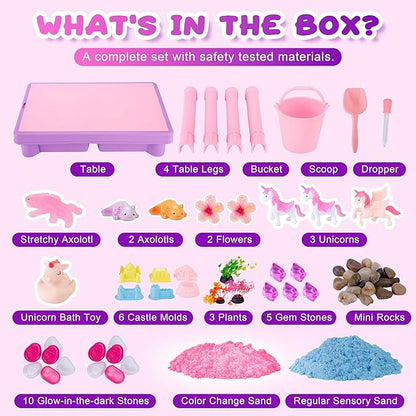 Carolart Unicorn Sensory Table with Sands, Sand Table Kit with Color-Changing Sand, Indoor and Outdoor Activity Sandbox with Lid, Toys for Toddlers Boys and Girls Age 3+, 17x11.5x10.2 Inches