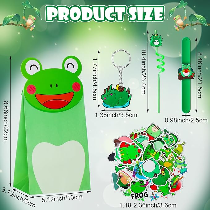 98 Pcs Frog Party Favor Supplies Set Include Frog Party Paper Bags Frog Stickers Frog Keychains Curly Drinking Straws Animal Slap Bracelets for Boy Girl Animal Frog Themed Birthday Decoration