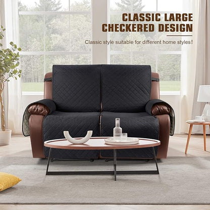 KinCam Waterproof Loveseat Recliner Cover, Non-Slip Reclining Couch Covers for 2 Seat, Recliner Sofa Cover Furniture Protector with Elastic Straps for Kids, Pets, Black
