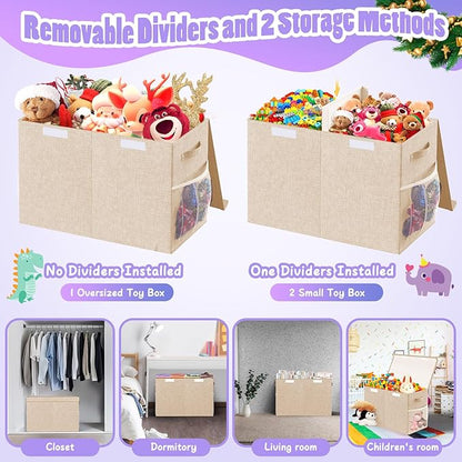 Large Toy Storage Box with Lid Divider, Sturdy Collapsible Toys Organizer Chest Kids Storage Bins Boxes Baskets for Boys, Girls, Nursery, Bedroom, Living Room, Playroom, 25"x13"x16", Beige