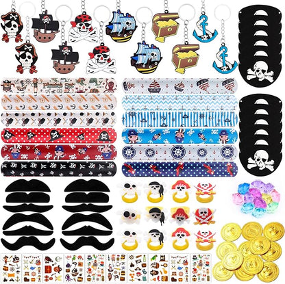 96PCS Pirate Party Favors Supplies Pirate Gold Coins Pirate Gem Pirate Keychain Rings Bracelets Pirate Eye Patch Mustache Tattoos for Birthday Party Goodie Bag Fillers