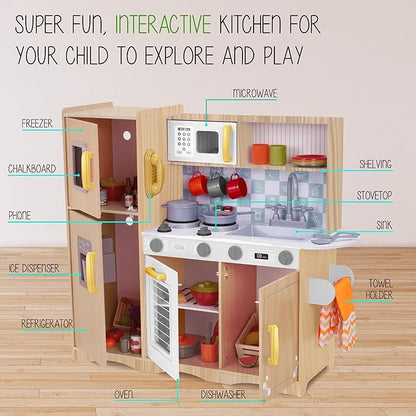 Lil' Jumbl Kids Kitchen Set, Pretend Wooden Play Kitchen with Chalk Board, Play Phone, Towel Rack & Ice Dispenser, Clicking Knobs, Pots & Utensils Included - Natural