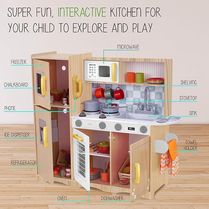 Lil' Jumbl Kids Kitchen Set, Pretend Wooden Play Kitchen with Chalk Board, Play Phone, Towel Rack & Ice Dispenser, Clicking Knobs, Pots & Utensils Included - Natural