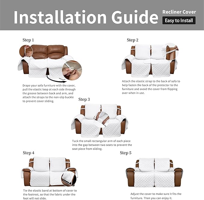 Easy-Going Loveseat Recliner Cover, Reversible Couch Cover for Double Recliner, Split Sofa Cover for Each Seat, Furniture Protector with Elastic Straps for Kids, Dogs, Pets(2 Seater, White/White)
