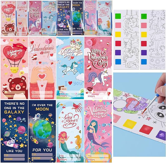 Valentines Day Gifts for Kids 36 PCS Valentines Cards Classroom with Painting Craft Kit Paint with Water Colors Book for Toddlers Boys Girls Valentine Exchange Gift Shool Prizes Classroom Party Favors