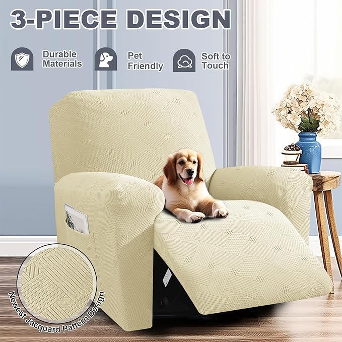 JIVINER Recliner Chair Covers, Jacquard 3 Piece Slipcovers for Recliner Chair Soft Stretch Lazy Boy 1 Seater Reclining Protector with Pockets (Recliner, Beige)