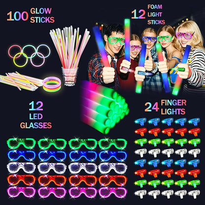 148 PCS Glow in the Dark Party Supplies 12 PCS Foam Glow Sticks 12 PCS LED Glasses 24 PCS Finger Lights 100 PCS Glow Sticks Bracelets Neon Glow Party Favors Christmas Wedding Birthday Concert New Year