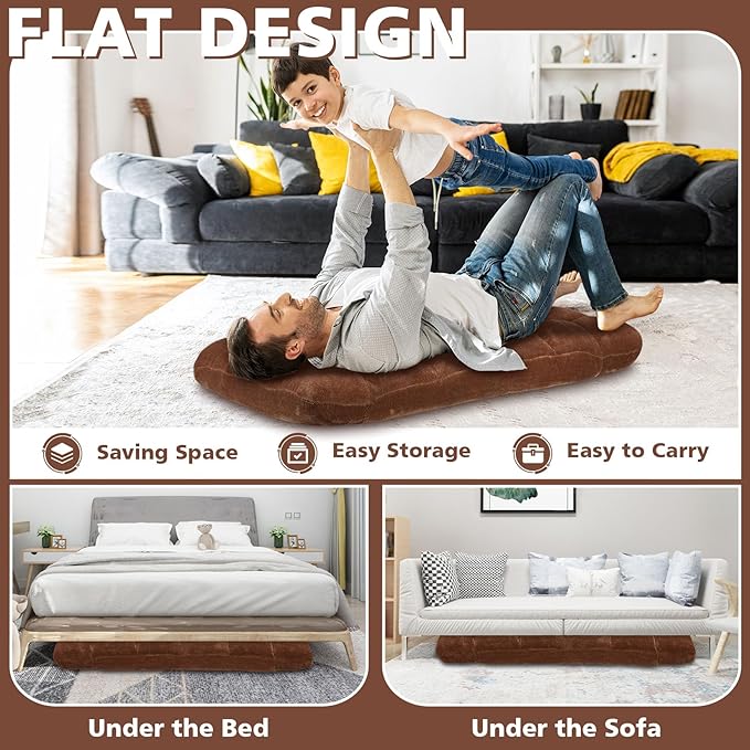 Folding Floor Chair 14-Position Cushioned Adjustable Floor Lazy Sofa Chair w/Breathable Cotton & Skin-Friendly Flannel for Adults & Kids Ideal for Reading Meditating, Brown