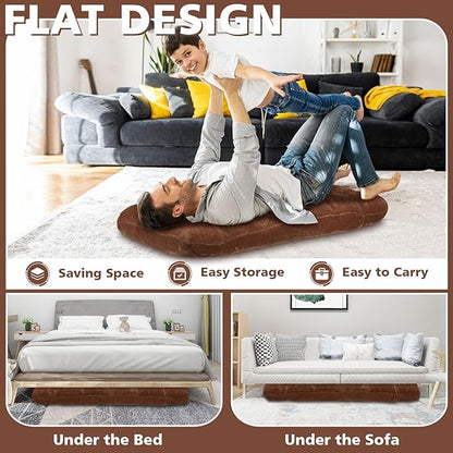 Folding Floor Chair 14-Position Cushioned Adjustable Floor Lazy Sofa Chair w/Breathable Cotton & Skin-Friendly Flannel for Adults & Kids Ideal for Reading Meditating, Brown