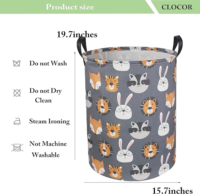 CLOCOR Kids Laundry Basket,Collapsible Fabric Storage Container,Baby Nursery Hamper for Boys,Kids Toys Bucket,Room Decor,Gift Basket(Animal Heads)