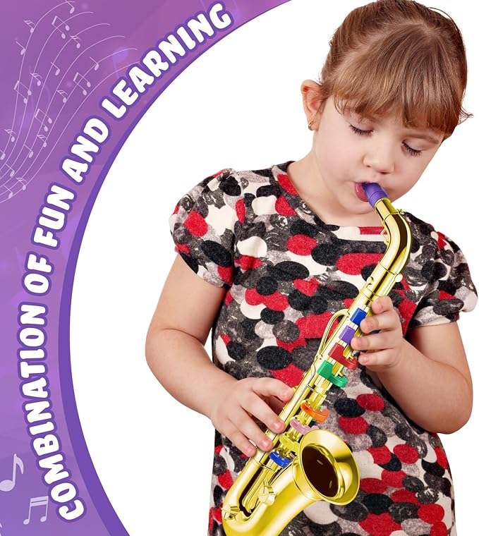Lewtemi Gold Saxophone Musical Instruments Toy for Kid Toddler Fake Plastic Preschool Music Toy Gift Portable Wind Instrument Early Educational Teaching Songs Gifts for Toddlers Children