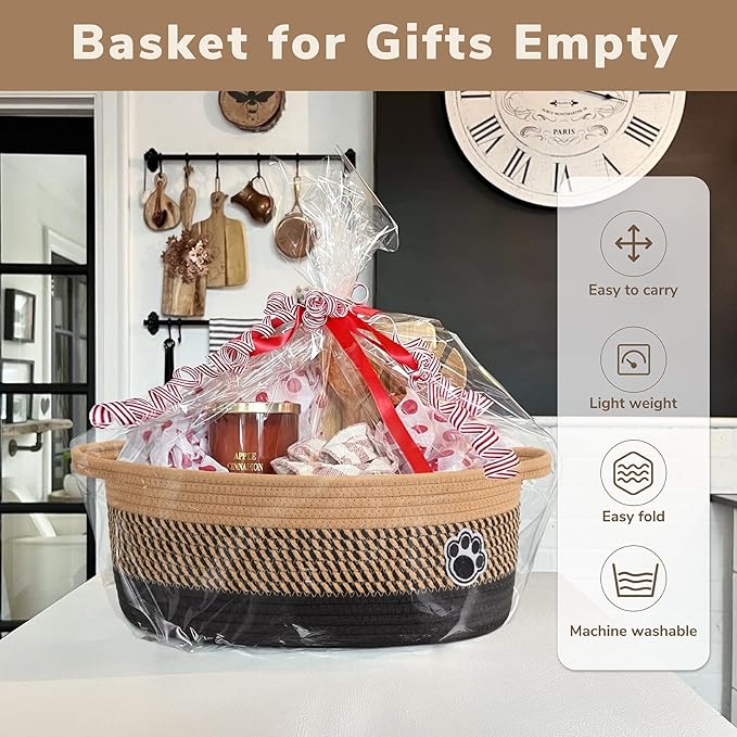 Dog Toy Basket, Woven Storage Baskets for Dog Cat Organizer, Baby Boy Shower Gifts Basket for Bathroom, Nursery Toy Baskets Storage Kids, 13.6"x 10" x 6", Black & Brown