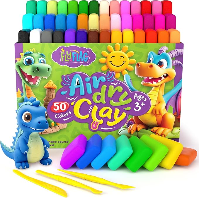 FlyFlag Air Dry Clay - 50 Colors, Soft & Ultra Light, Modeling Clay for Kids with Accessories, Tools and Tutorials