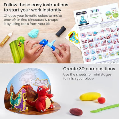 ARTEZA Kids Air Dry Clay, 42 Bars, Dinosaur Modeling Clay Kit, 14 Mini-Stages, 14 Googly Eyes, 3 Glitter Glues, 1 Craft Tool, 7 Instruction Sheets