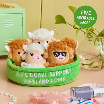Emotional Support Highland Cows by Relatable, Cuddly Stuffed Animals and Plushies Set, Small Gifts for Mom, Includes 5 Highland Cows Plush Toys with Carrying Basket, for Mom