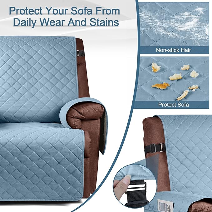 KinCam 100% Waterproof Recliner Chair Cover, Reclining Couch Covers for Pets, Dogs, Recliner Couch Slipcover Furniture Protector with Elastic Straps for Kids(23.6", Light Blue)
