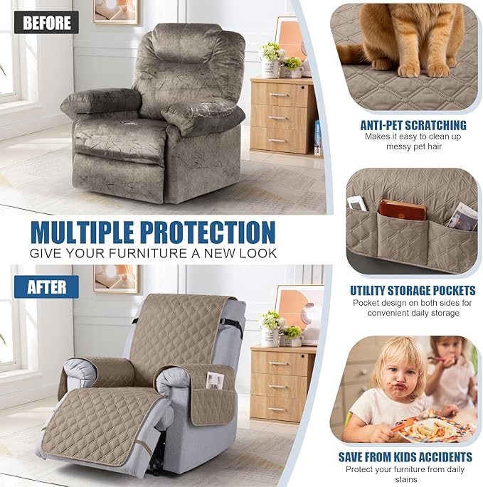 TAOCOCO 100% Waterproof Recliner Covers, Recliner Sofa Covers with Leg Straps, Reversible Recliner Couch Cover for Reclining Chair, Washable Couch Protector for Pets Kids(1 Seater 22", Khaki)