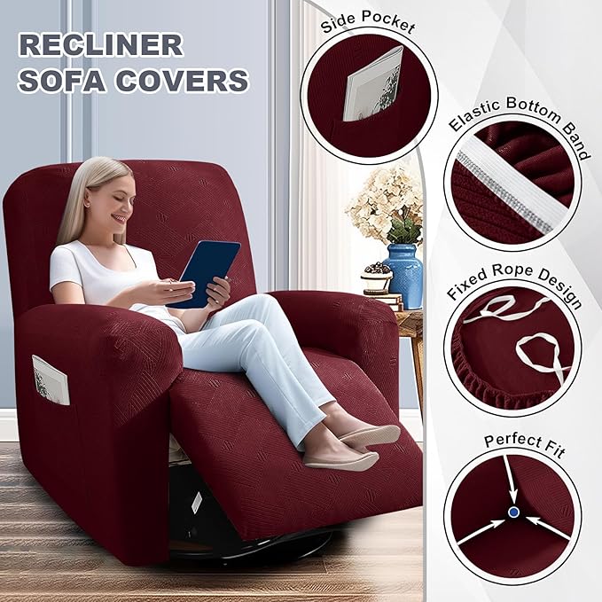JIVINER Recliner Couch Cover, Jacquard 5 Piece Stretch Sofa Covers for 3 Cushion Reclining Lazy Boy Soft Washable Sofa Slipcovers Protector with Pockets (Recliner Sofa, Wine Red)