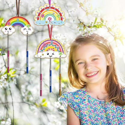 Fennoral 10 Rainbow Wind Chime Craft Kits for Kids Make Your Own Wind Chime Ornament DIY Coloring Wooden Art and Craft for Classroom Art Projects Spring Summer Birthday Decorations