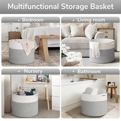 Goodpick Blanket Basket, 15.8"x15.8"x13.8" Woven Rope Basket for Blankets, Kids Toy Storage Organizer Bins, Toy Storage for Nursery, Light & Grey