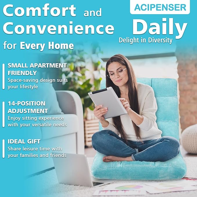 Folding Floor Chair 14-Position Cushioned Adjustable Floor Lazy Sofa Chair w/Breathable Cotton & Skin-Friendly Flannel for Adults & Kids Ideal for Reading Meditating, Blue