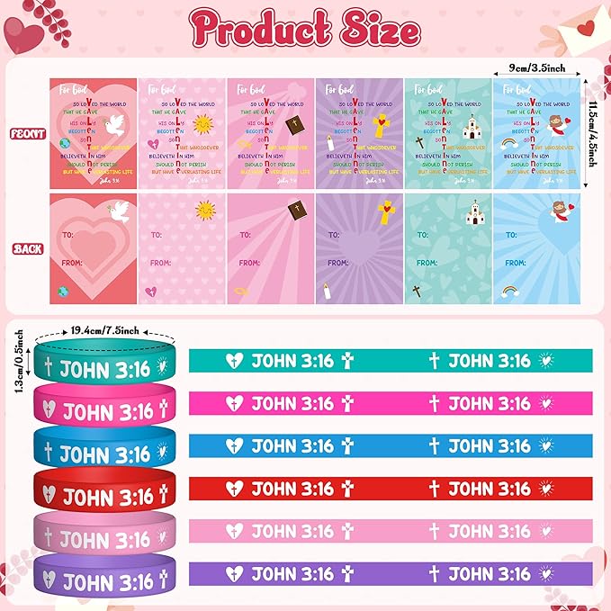 WATINC John 3: 16 Valentine's Day Cards with Bracelets Gift Set, 36 Pack Religious Wristbands Bulk Exchange Gifts, Christian Valentine Classroom Prize Award Sunday School Party Favor Supplies for Kids