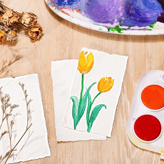 25 Sheets Watercolor Paper, 300 GSM Deckled Edge Paper 2 x 3.5 inch Rough/Textured Handmade Paper Cotton Paper White Textured Paper for Watercolors, Wedding Invitations, Cards, Crafts