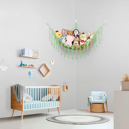 Boho Stuffed Animals Net or Hammock Large,55 inch Toy Hammock Macrame Stuff Animal Storage Corner Hanging Net Holder,Mesh Hammock Plush Toy Organizer with Hooks for Bedroom,Nursery (Light Green)