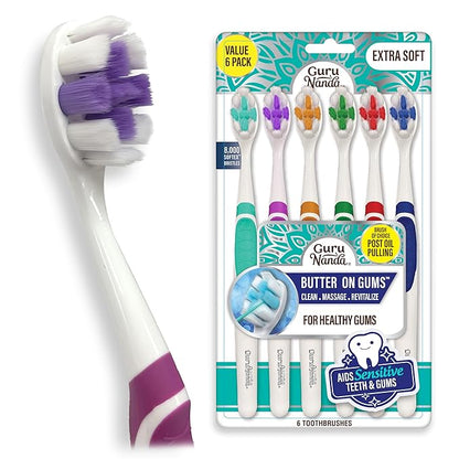 GuruNanda Butter On Gums Toothbrush with 8000+ Softex Bristles, Ultra Soft Bristles for Sensitive & Receding Gums, Perfect for Whiter Teeth, 6 Count