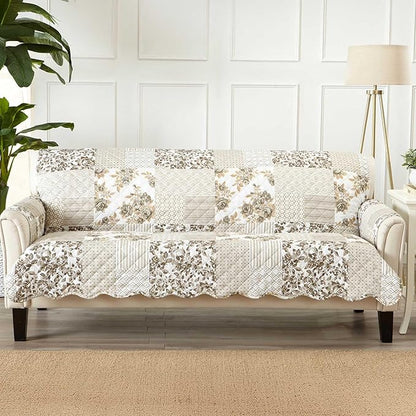 Great Bay Home Patchwork Scalloped Printed Furniture Protector Stain Resistant Sofa Cover (Sofa, Taupe)