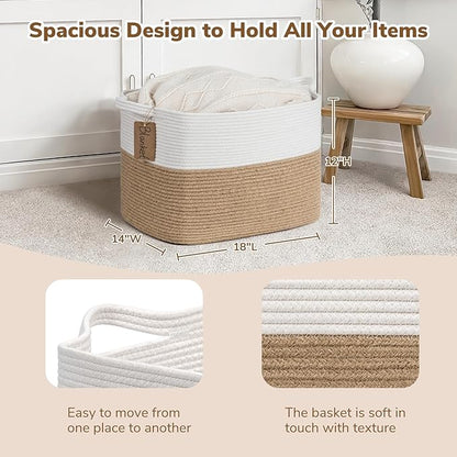 Goodpick Woven Storage Baskets for Organizing, Nursery Toy Baskets Storage Kids, Cotton Rope Basket with Handles, Rectangle Blanket Basket for Living Room, 18 x 14 x 12 Inches