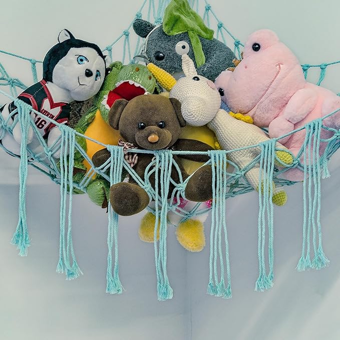 Boho Stuffed Animals Net or Hammock Large,55 inch Toy Hammock Macrame Stuff Animal Storage Corner Hanging Net Holder,Mesh Hammock Plush Toy Organizer with Hooks for Bedroom,Nursery (pale blue)