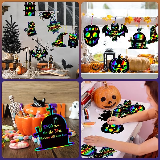 OHOME Halloween Party Favors - 48 PCS Halloween Magic Rainbow Scratch Paper Cards Set,Halloween Games for Kids - Kids Halloween Treats Toys Gifts Party Supplies | Halloween Crafts for Kids