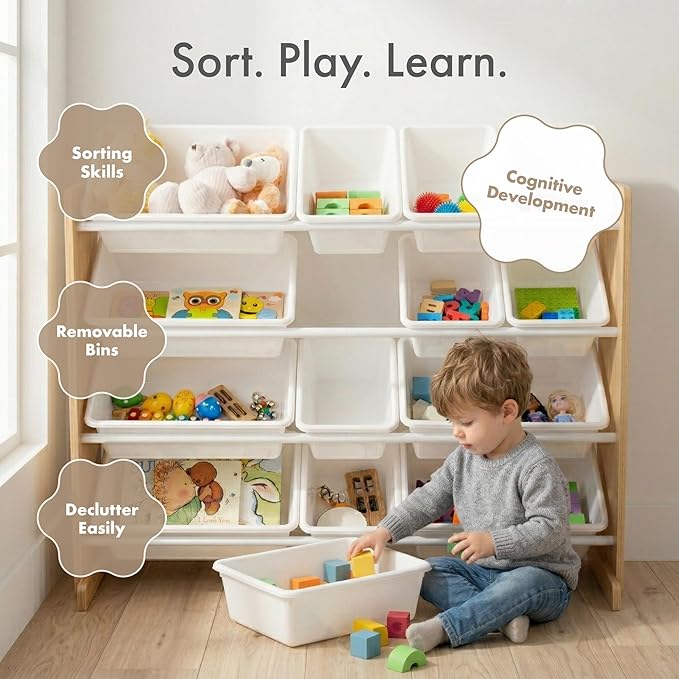 Humble Crew Toy Storage Organizer with 16 Removable Storage Bins for Kids Playroom, 4-Tier Toddler Toy Organization and Storage, Natural Wood/White