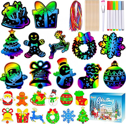 Garma 36Pcs Christmas Crafts Scratch Art for Kids, Rainbow Scratch Paper Christmas Ornaments Crafts Christmas Party Favors Toys Xmas Tree Ornaments Hanging Craft Art Kits