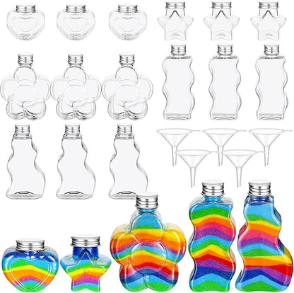 Havawish 20 Pcs Sand Art Bottles Plastic with 5 Funnels Sand Art Containers Sand Bottles for Sand Art Kit Collection for Craft DIY Activity Party Group, Sand Not Included (Aluminum Cap)