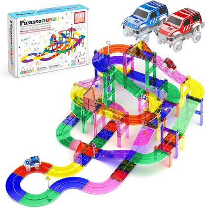 PicassoTiles 100 PCs Race Car Track Set Magnetic Toy Building Block with 2 LED Cars with Height Adjustable Roads Signs Education STEM Building Kit Learning Construction Fun for Boys & Girls Ages 3+