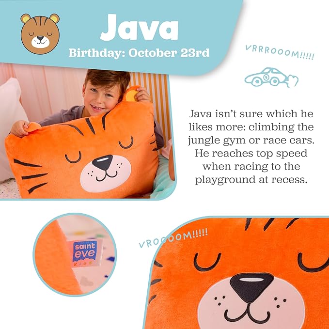 Saint Eve Kids Pillow Pals - Cute & Super Soft Animal Friends Decorative Fluffy Pillow Covers for Girls and Boys & Toddlers Beds, Playroom and Nap Time, Sensory Toys for Kids, Java the Tiger